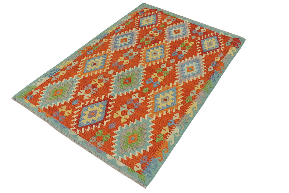 handmade Geometric Kilim Rust Blue Hand-Woven RECTANGLE 100% WOOL area rug 5 x 7