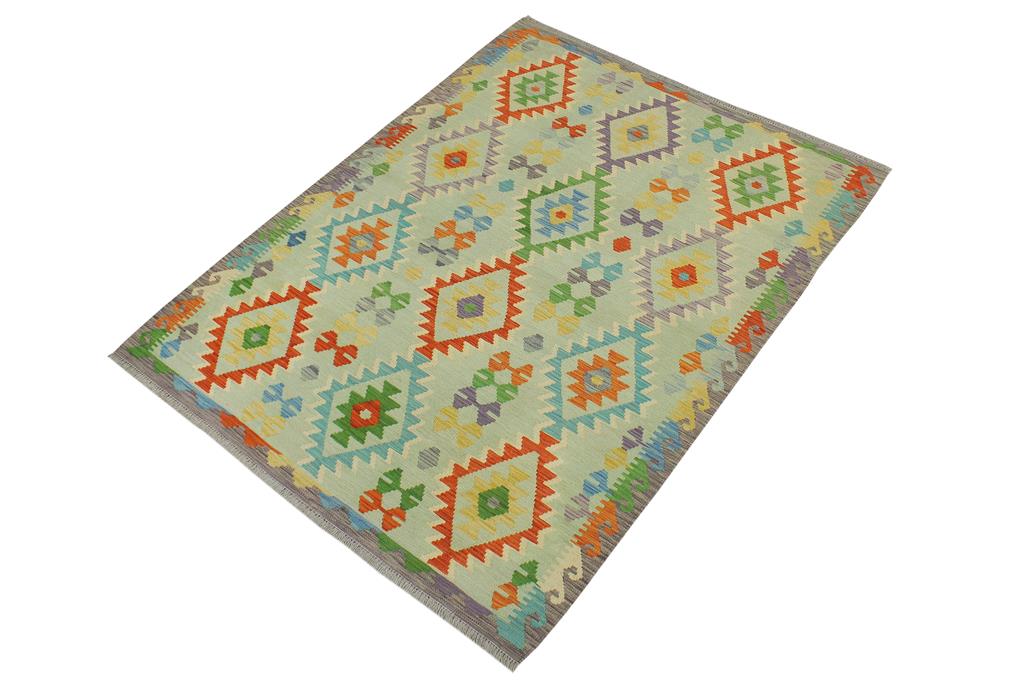 Flat Weave Kilim Antique Navaho Vintage handmade Geometric Kilim Blue Rust Hand-Woven Rectangle 100% Wool Area Rug 5x6 