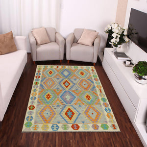 5x7 hand woven Turkish Kilim wool rug in purple and beige - Rustic Lloyd Turkish