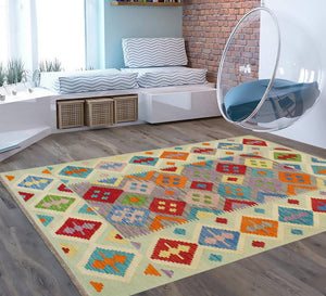 handmade Geometric Kilim Purple Blue Hand-Woven RECTANGLE 100% WOOL area rug 5 x 7