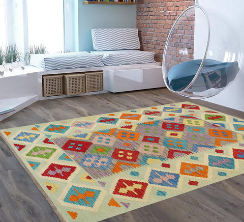handmade Geometric Kilim Purple Blue Hand-Woven RECTANGLE 100% WOOL area rug 5 x 7