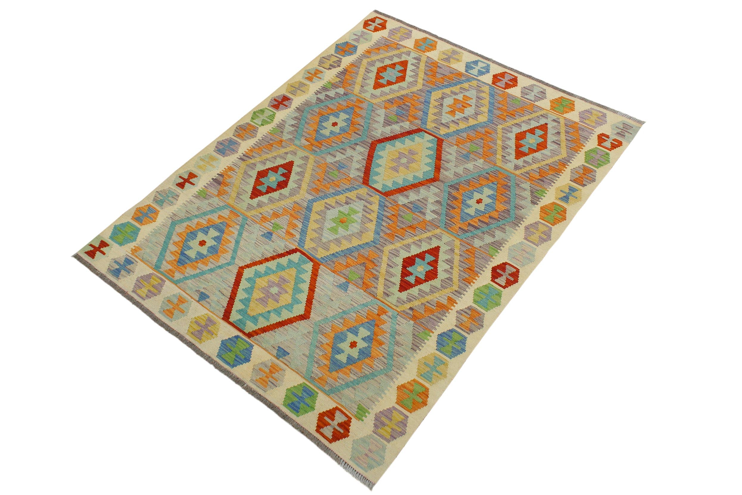 handmade Geometric Kilim Purple Beige Hand-Woven RECTANGLE 100% WOOL area rug 5x6