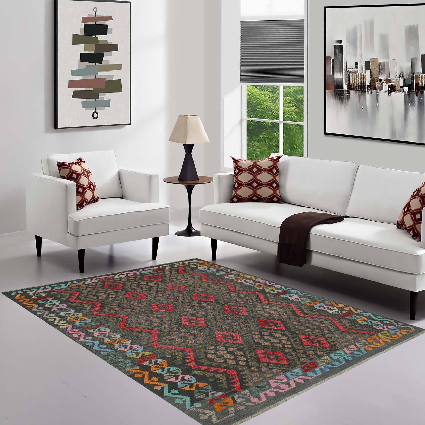 handmade Geometric Kilim Charcoal Red Hand-Woven RECTANGLE 100% WOOL area rug 6 x 8
