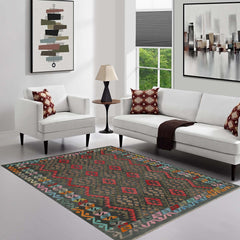 handmade Geometric Kilim Charcoal Red Hand-Woven RECTANGLE 100% WOOL area rug 6 x 8