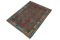 handmade Geometric Kilim Charcoal Red Hand-Woven RECTANGLE 100% WOOL area rug 6 x 8