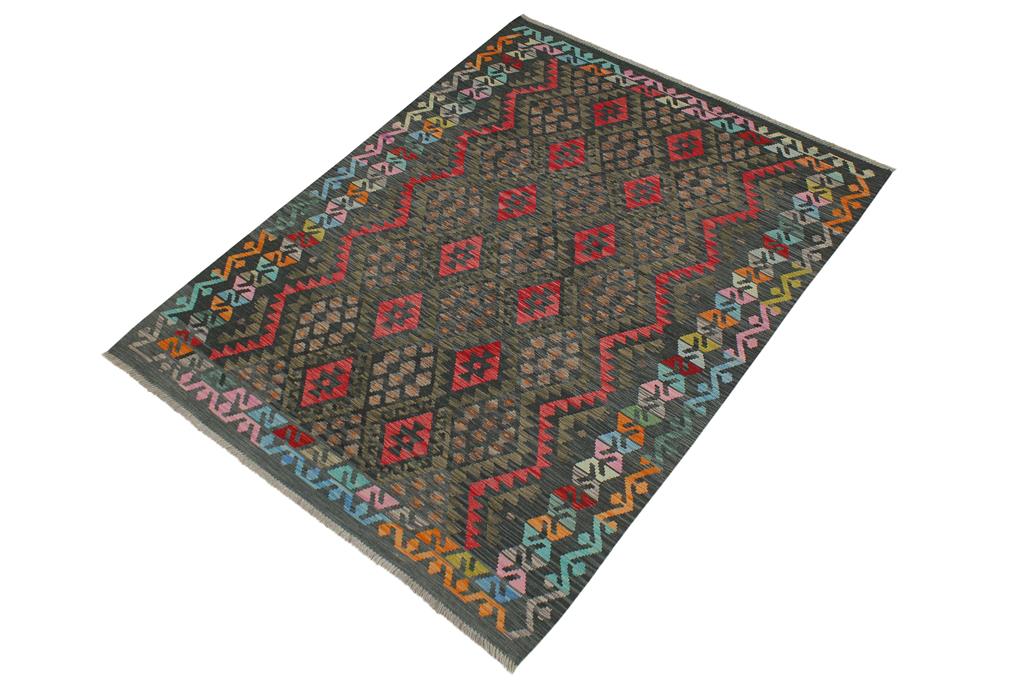 Flat Weave Kilim Antique Navaho Vintage handmade Geometric Kilim Charcoal Red Hand-Woven Rectangle 100% Wool Area Rug 6x8 