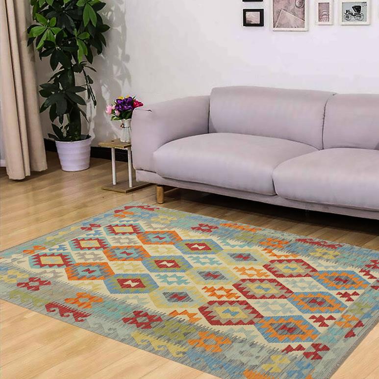 Flat Weave Kilim Antique Navaho Vintage handmade Geometric Kilim Beige Gray Hand-Woven Rectangle 100% Wool Area Rug 5x7 