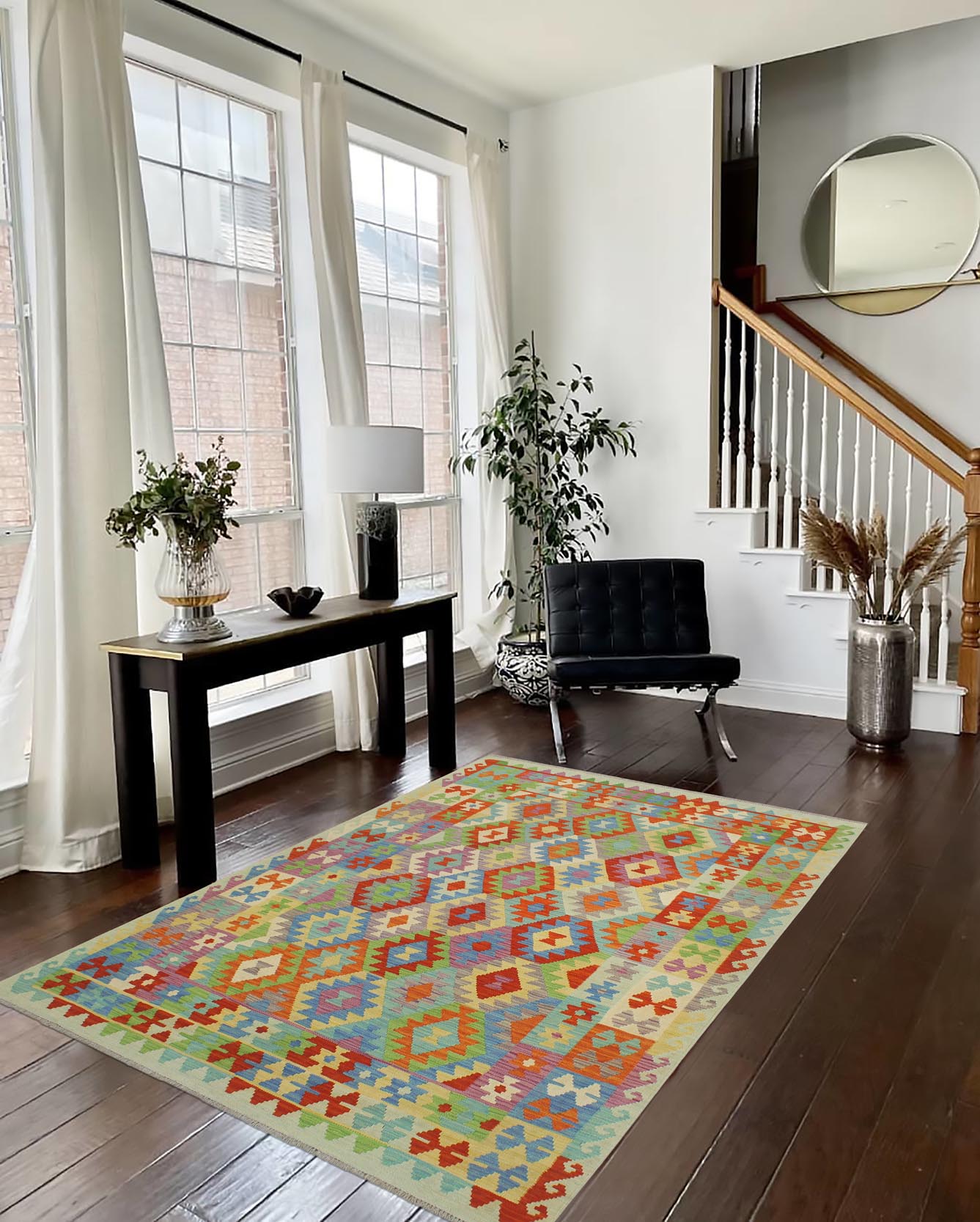 handmade Geometric Kilim Rust Blue Hand-Woven RECTANGLE 100% WOOL area rug 6 x 8