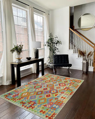 handmade Geometric Kilim Rust Blue Hand-Woven RECTANGLE 100% WOOL area rug 6 x 8