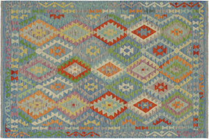 handmade Geometric Kilim Blue Rust Hand-Woven RECTANGLE 100% WOOL area rug 5 x 7