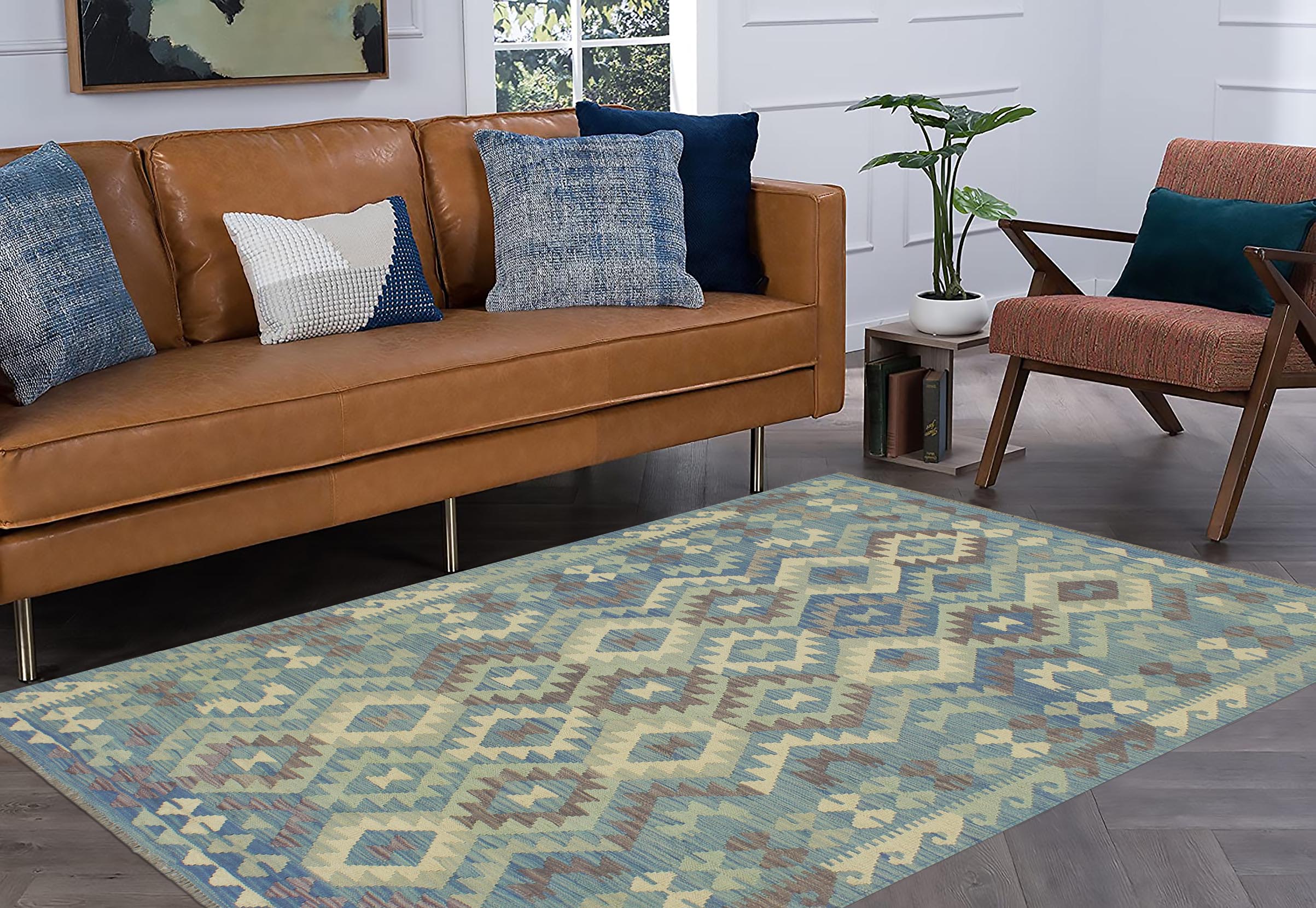 handmade Geometric Kilim Blue Beige Hand-Woven RECTANGLE 100% WOOL area rug 5x6