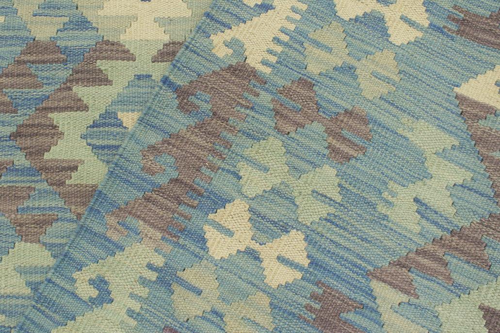 Flat Weave Kilim Antique Navaho Vintage handmade Geometric Kilim Blue Beige Hand-Woven Rectangle 100% Wool Area Rug 5x6 