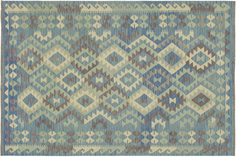 handmade Geometric Kilim Blue Beige Hand-Woven RECTANGLE 100% WOOL area rug 5x6