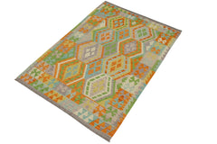 handmade Geometric Kilim Orange Blue Hand-Woven RECTANGLE 100% WOOL area rug 4 x 5