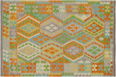 handmade Geometric Kilim Orange Blue Hand-Woven RECTANGLE 100% WOOL area rug 4 x 5