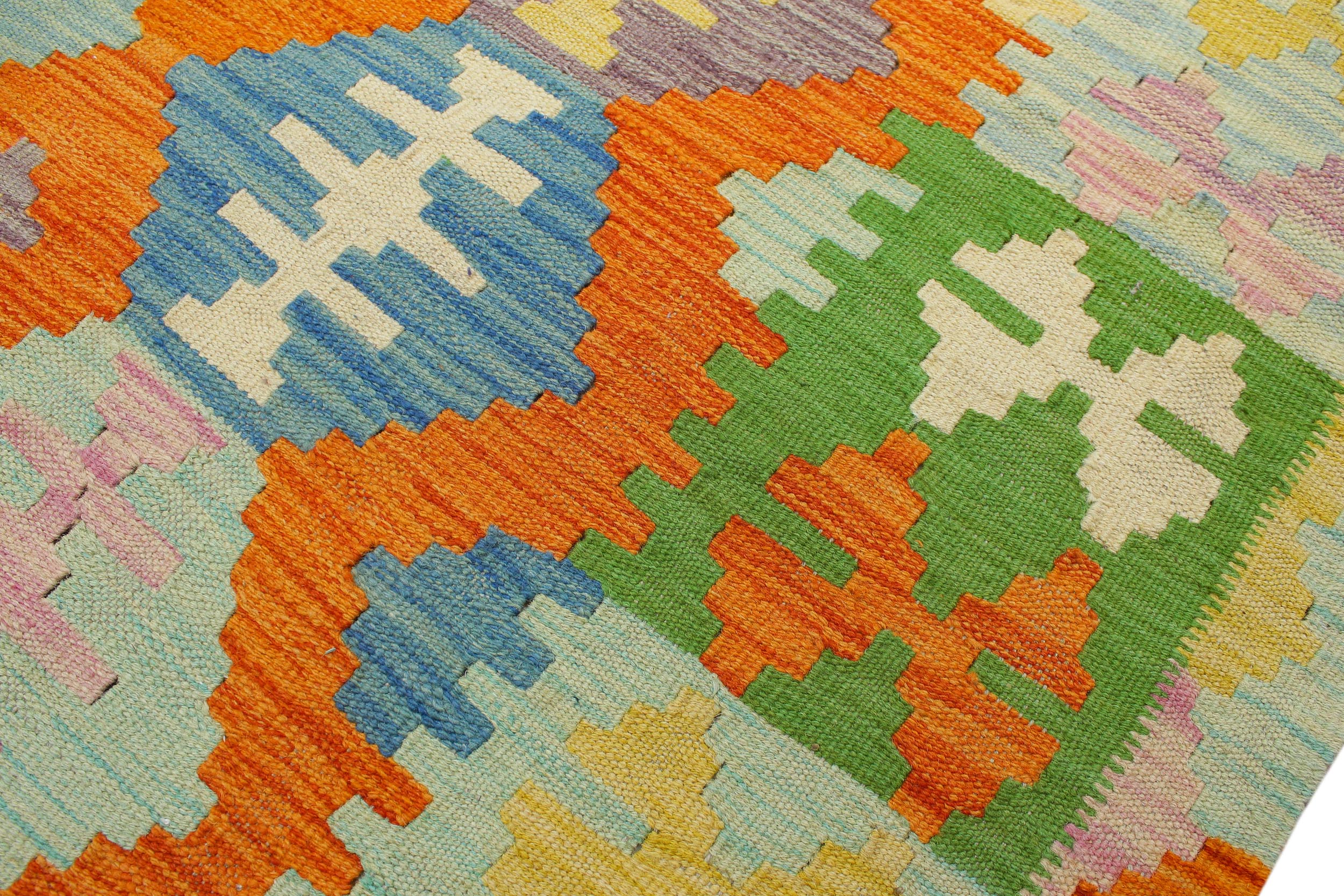 handmade Geometric Kilim Orange Blue Hand-Woven RECTANGLE 100% WOOL area rug 4 x 6
