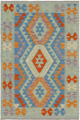 Flat Weave Kilim Antique Navaho Vintage handmade Geometric Kilim Blue Rust Hand-Woven Rectangle 100% Wool Area Rug 3x4 