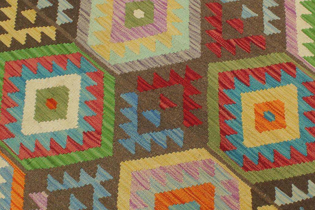Flat Weave Kilim Antique Navaho Vintage handmade Geometric Kilim Brown Beige Hand-Woven Rectangle 100% Wool Area Rug 9x12 