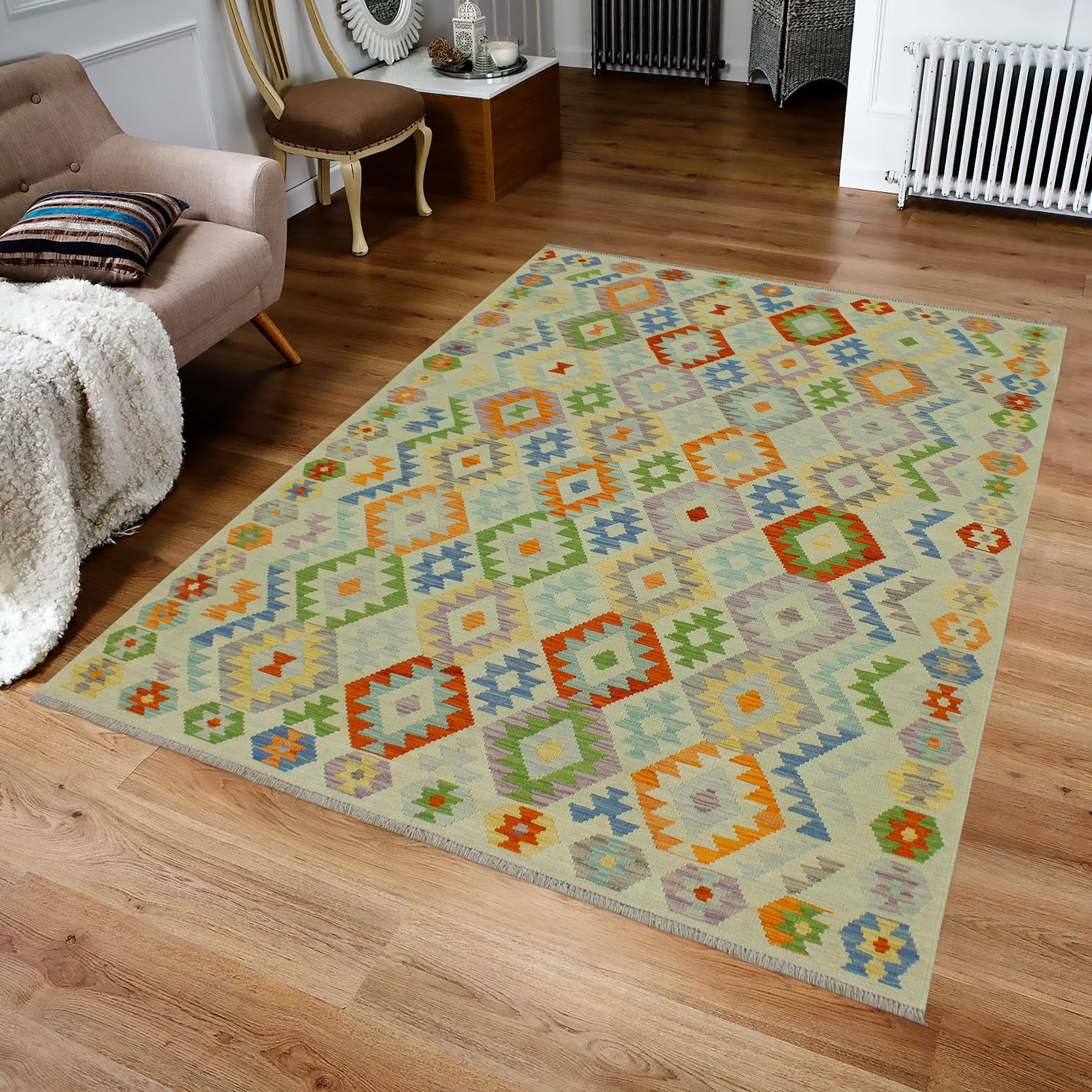 handmade Geometric Kilim Blue Rust Hand-Woven RECTANGLE 100% WOOL area rug 6 x 8