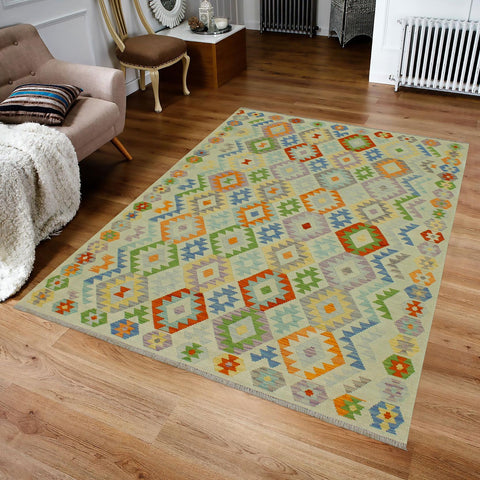 handmade Geometric Kilim Blue Rust Hand-Woven RECTANGLE 100% WOOL area rug 6 x 8