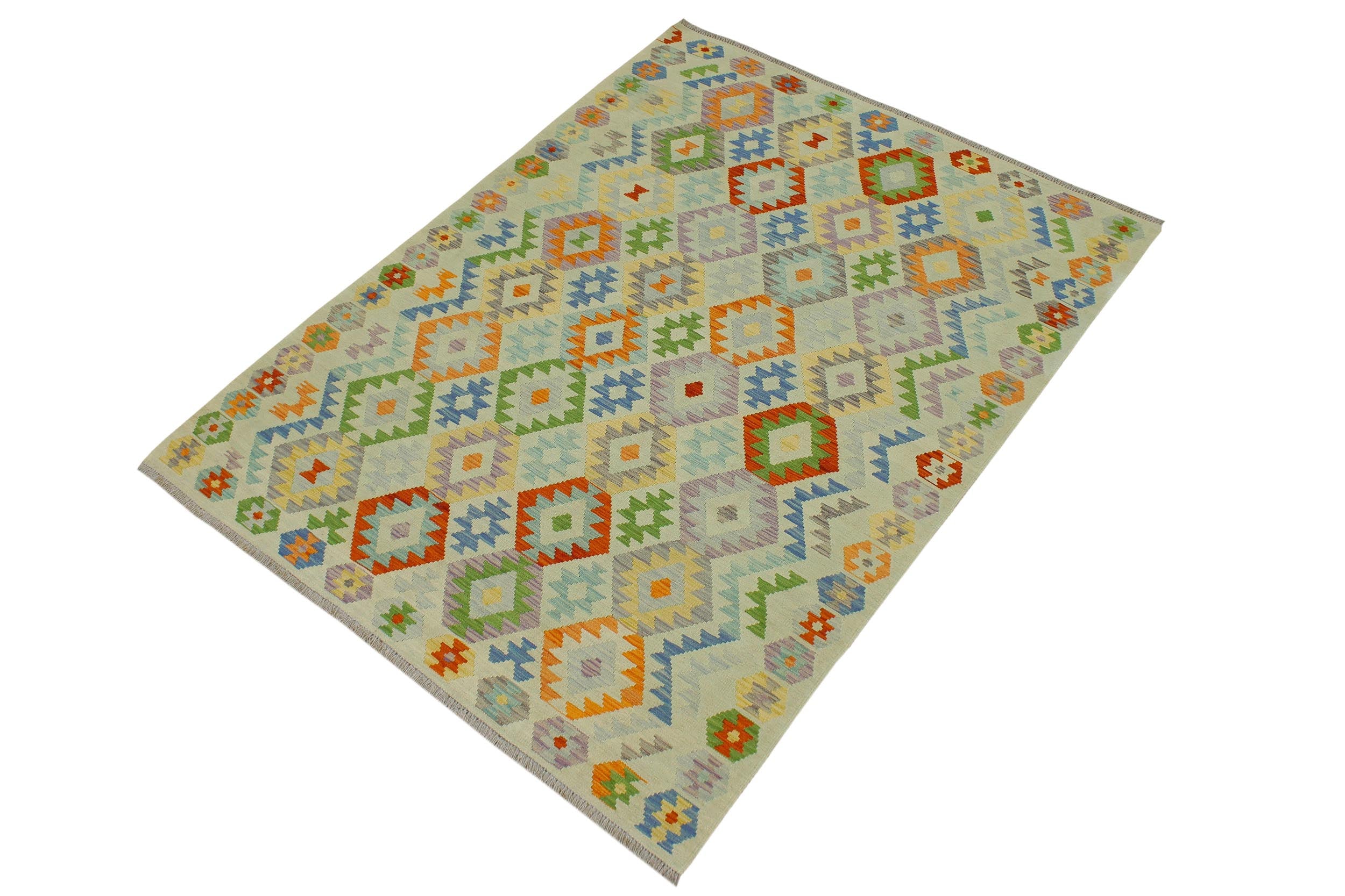 handmade Geometric Kilim Blue Rust Hand-Woven RECTANGLE 100% WOOL area rug 6 x 8