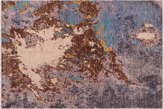 handmade Modern Modern Blue Tan Hand Knotted RECTANGLE WOOL&SILK area rug 8' x 10'