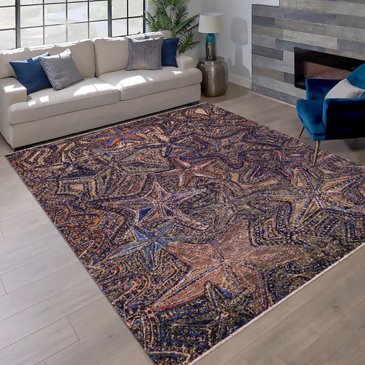 handmade Modern Modern Blue Orange Hand Knotted RECTANGLE WOOL&SILK area rug 9' x 12'