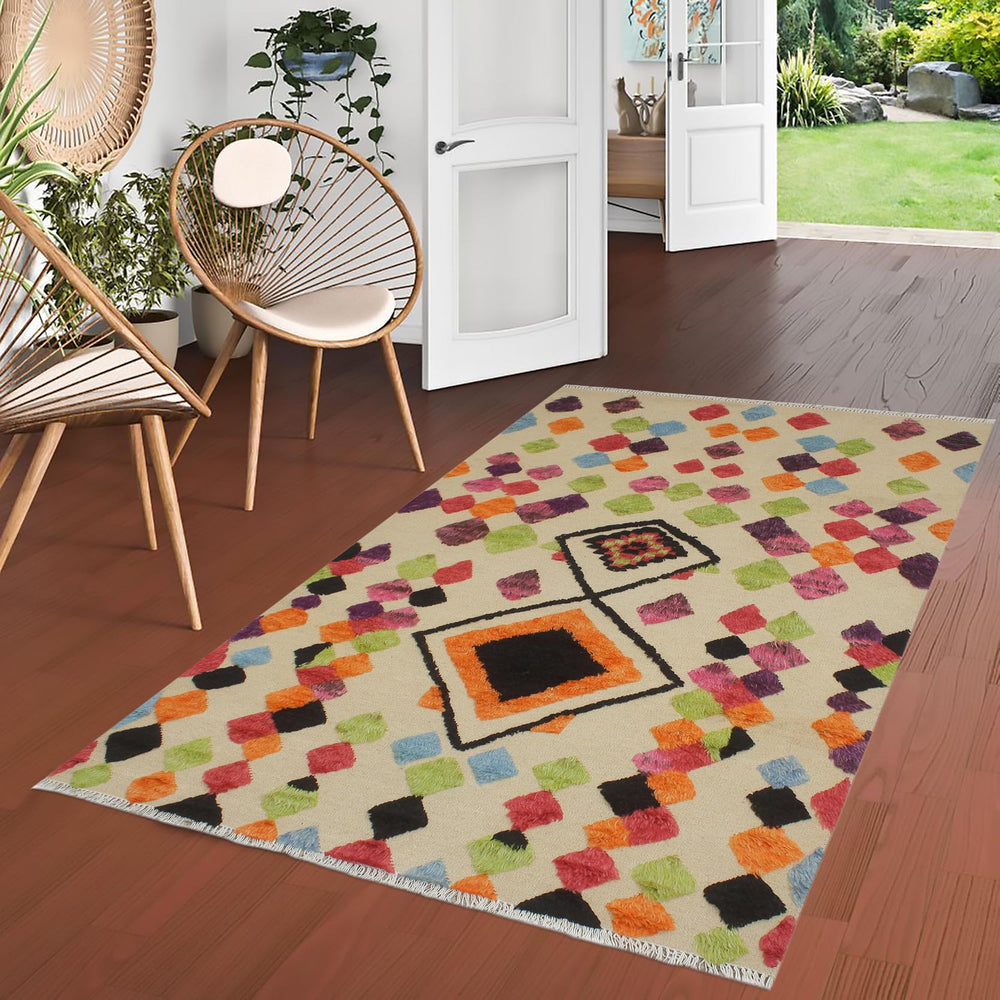 handmade Geometric Moroccan Hi Beige Orange Hand Knotted RECTANGLE 100% WOOL area rug 5' x 8'