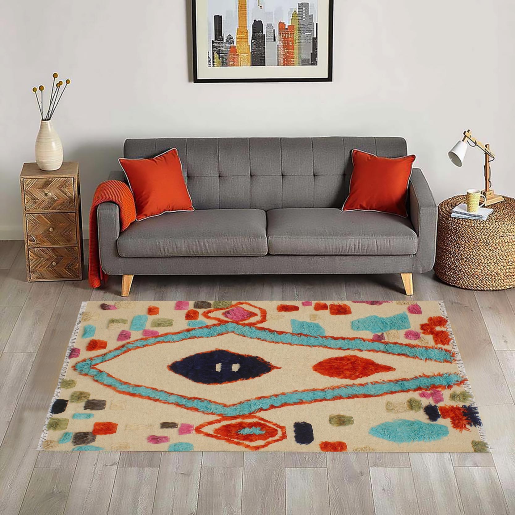 handmade Geometric Moroccan Hi Beige Rust Hand Knotted RECTANGLE 100% WOOL area rug 4' x 6'