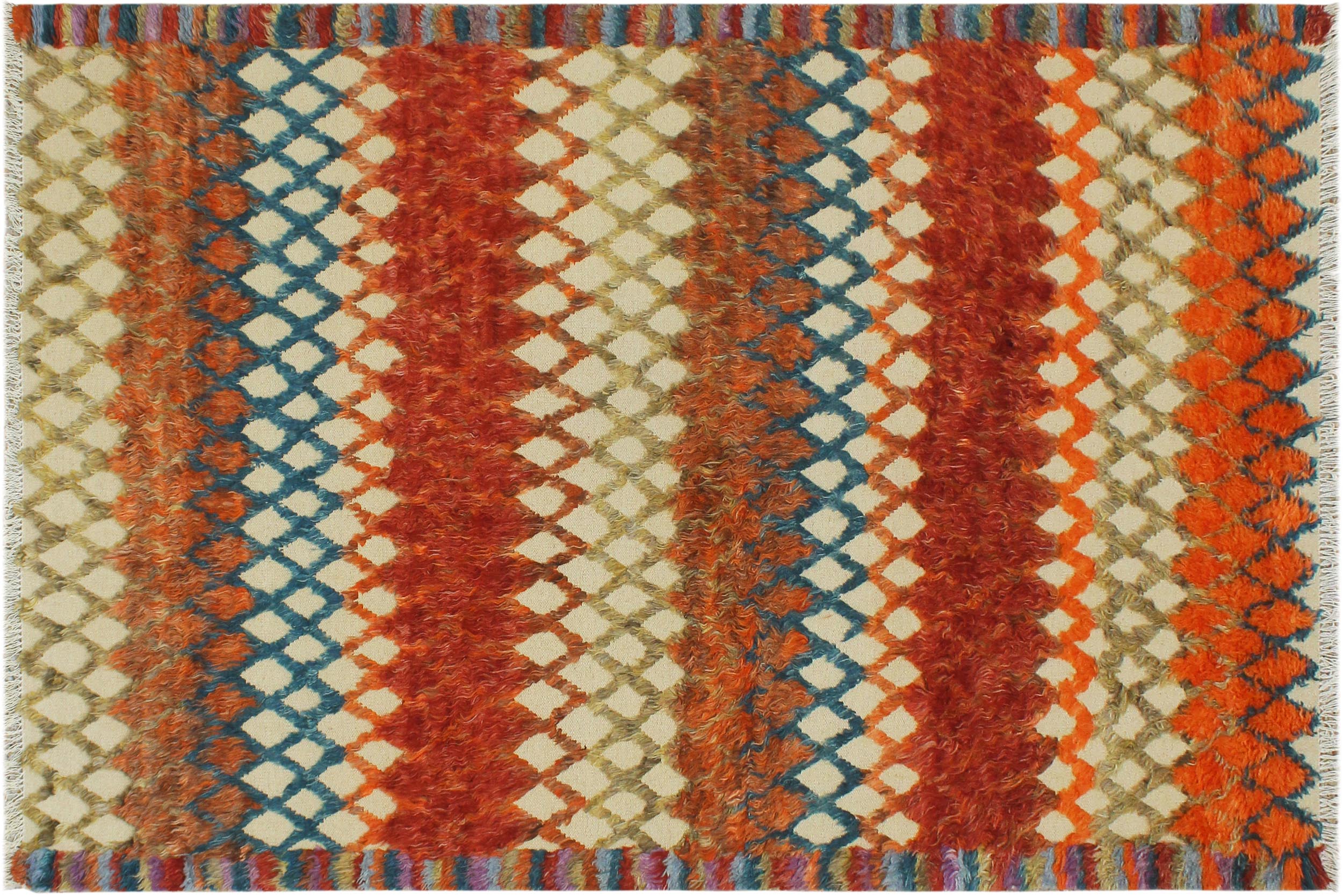 handmade Geometric Moroccan Hi Beige Blue Hand Knotted RECTANGLE 100% WOOL area rug 5' x 8'