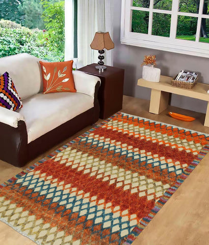 handmade Geometric Moroccan Hi Beige Blue Hand Knotted RECTANGLE 100% WOOL area rug 5' x 8'