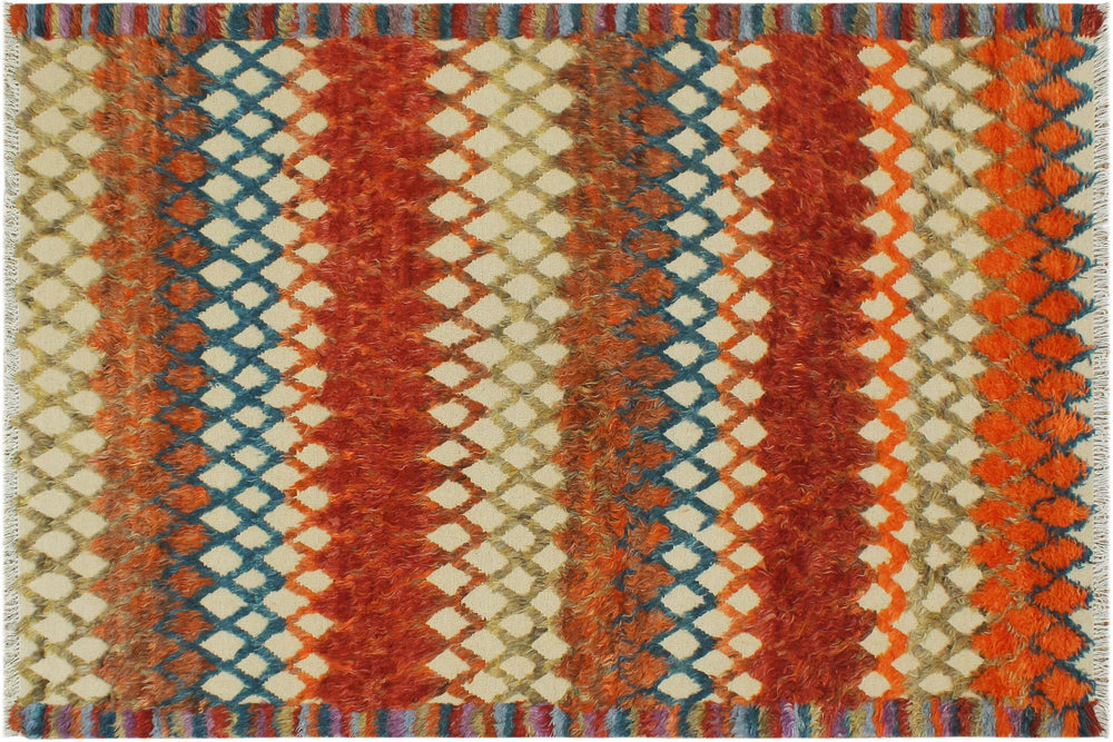 handmade Geometric Moroccan Hi Beige Blue Hand Knotted RECTANGLE 100% WOOL area rug 5' x 8'