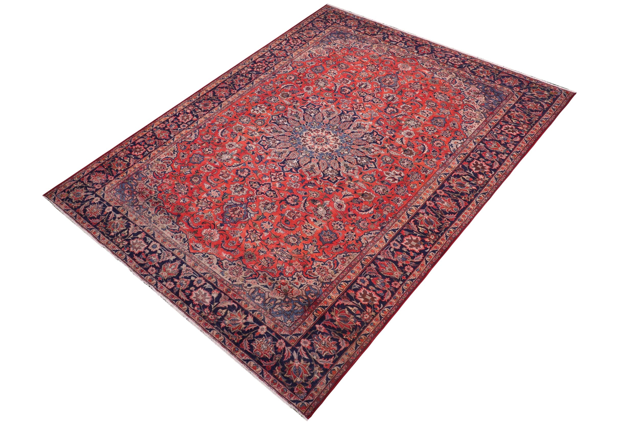 handmade Vintage Kashan Rust Blue Hand-Woven RECTANGLE 100% WOOL area rug 10' x 14'