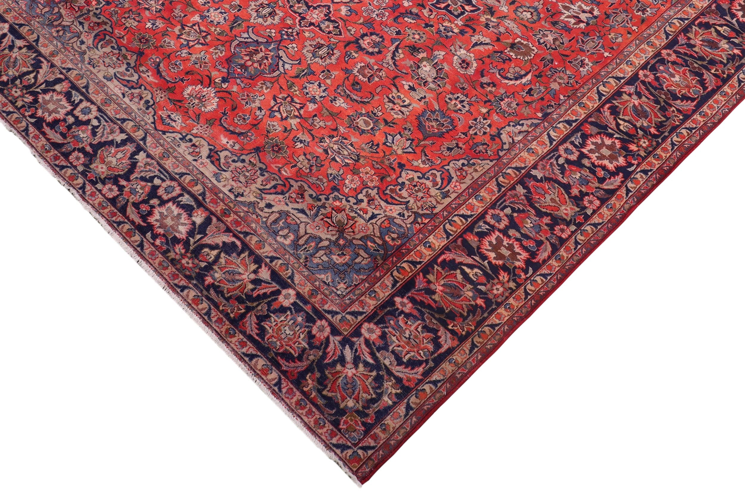 handmade Vintage Kashan Rust Blue Hand-Woven RECTANGLE 100% WOOL area rug 10' x 14'