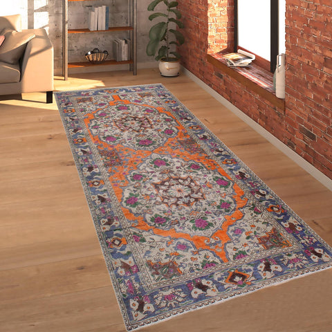 handmade Vintage Tabriz Orange Blue Hand Knotted RUNNER 100% WOOL area rug 5' x 10'