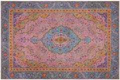 handmade Vintage Tabriz Pink Blue Hand Knotted RECTANGLE 100% WOOL area rug 9' x 12'