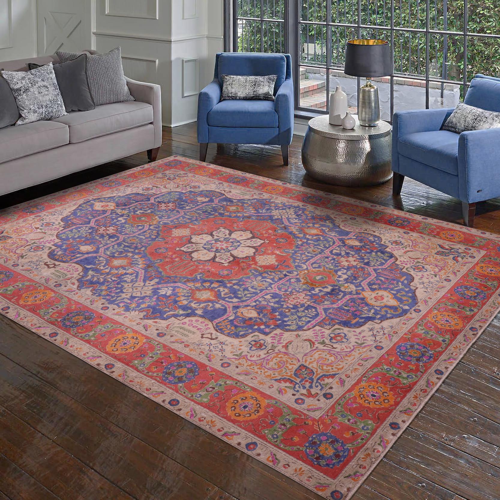 handmade Vintage Tabriz Blue Red Hand Knotted RECTANGLE 100% WOOL area rug 9' x 13'