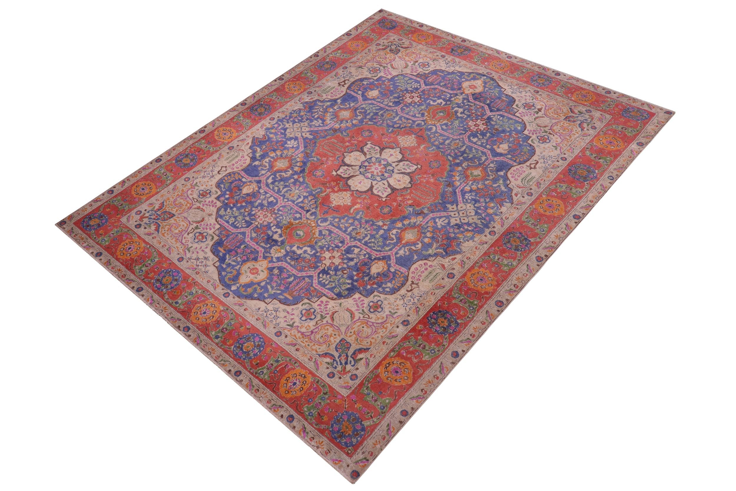 handmade Vintage Tabriz Blue Red Hand Knotted RECTANGLE 100% WOOL area rug 9' x 13'