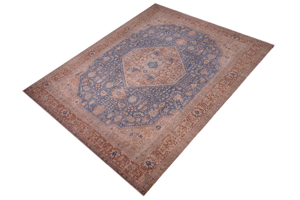 handmade Vintage Tabriz Blue Brown Hand Knotted RECTANGLE 100% WOOL area rug 8' x 11'