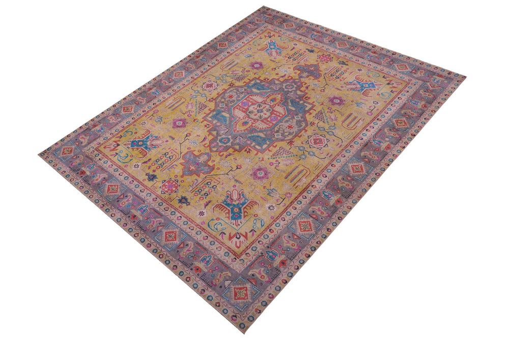 handmade Vintage Tabriz Yellow Gray Hand Knotted RECTANGLE 100% WOOL area rug 9' x 12'