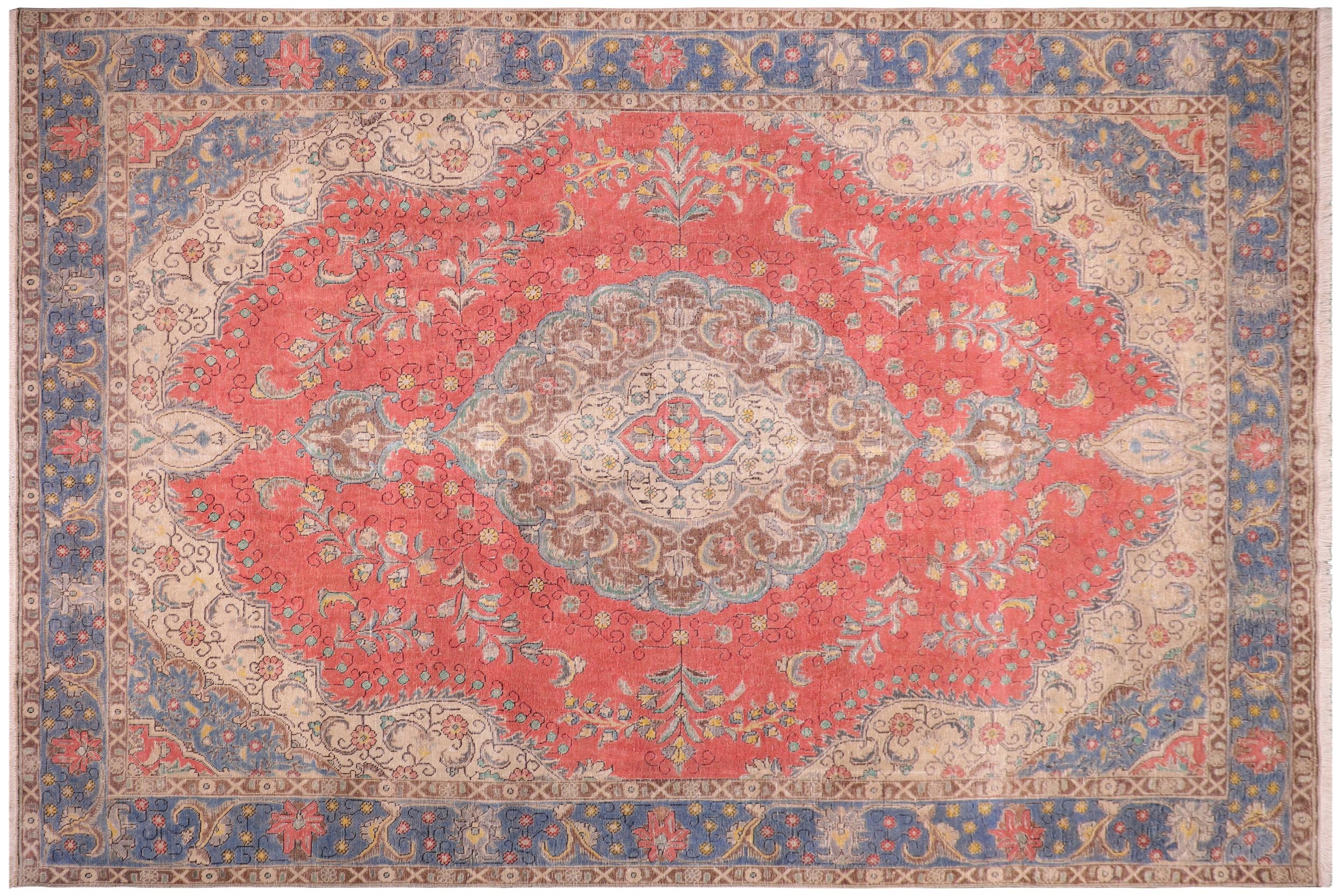 handmade Vintage Tabriz Red Blue Hand Knotted RECTANGLE 100% WOOL area rug 9' x 13'