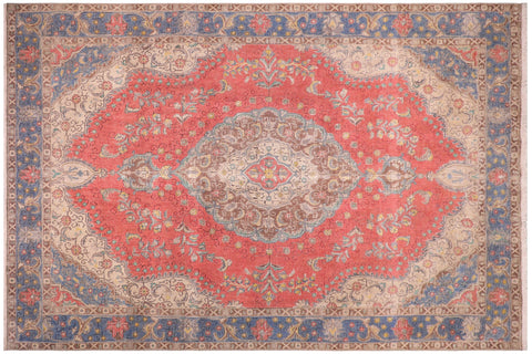 handmade Vintage Tabriz Red Blue Hand Knotted RECTANGLE 100% WOOL area rug 9' x 13'