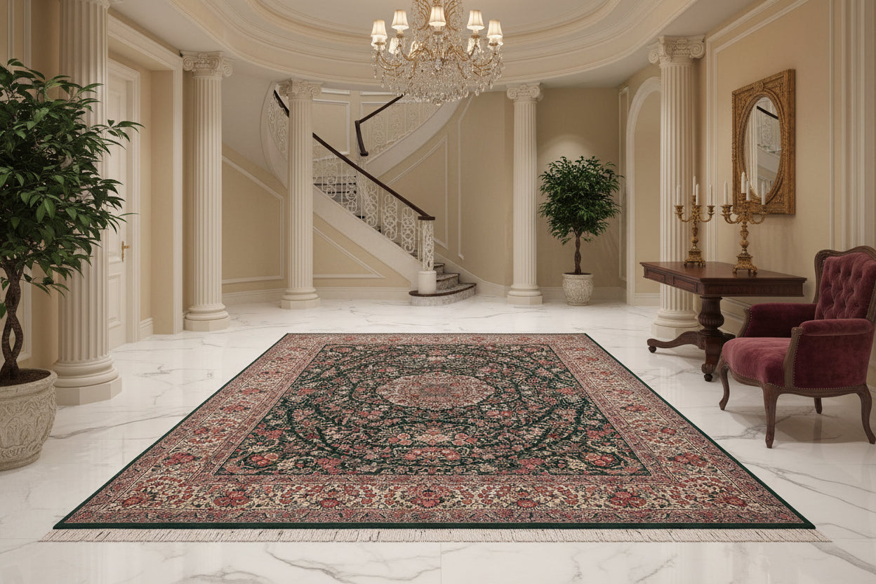 handmade Traditional Kashan Green Ivory Hand Knotted RECTANGLE 100% WOOL area rug 9x12
