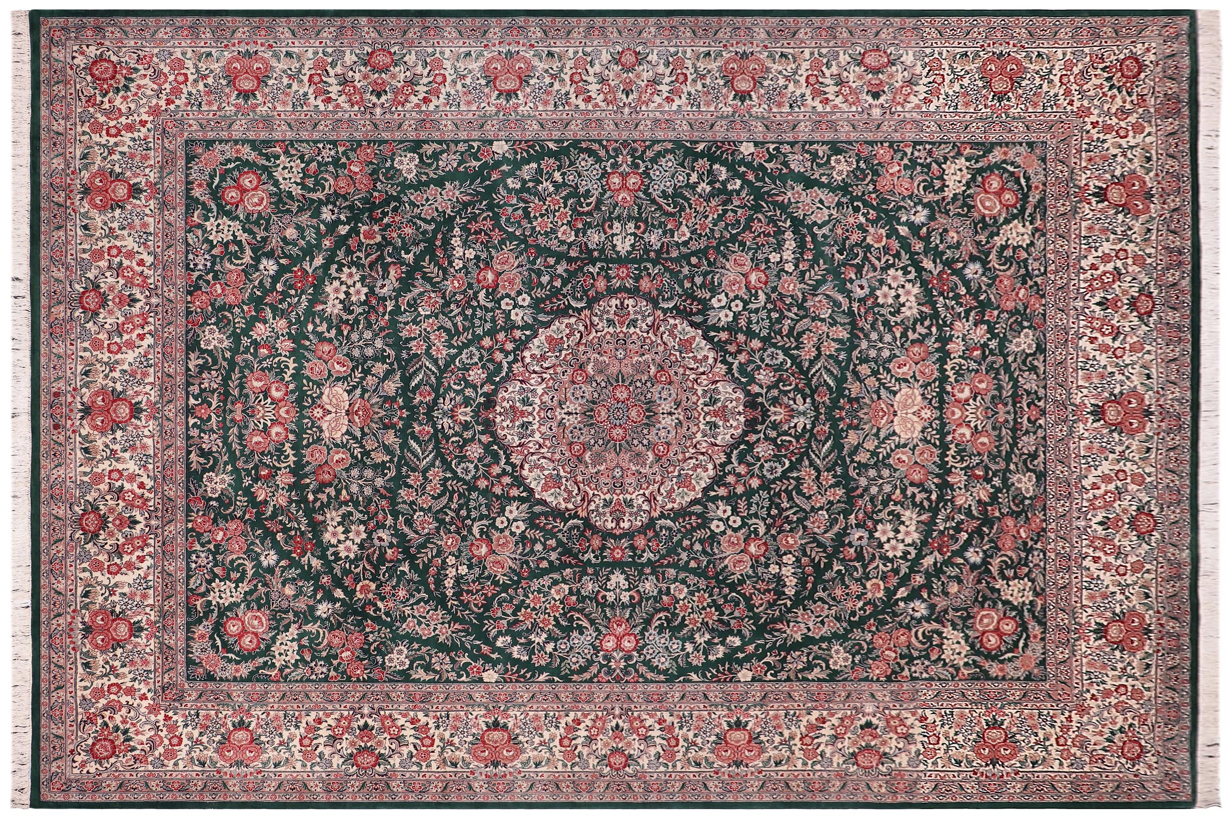 handmade Traditional Kashan Green Ivory Hand Knotted RECTANGLE 100% WOOL area rug 9x12