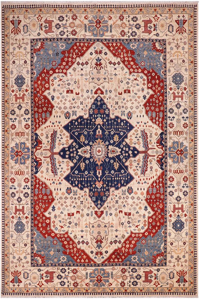 handmade Traditional Kafkaz Beige Blue Hand Knotted RECTANGLE 100% WOOL area rug 10 x 13