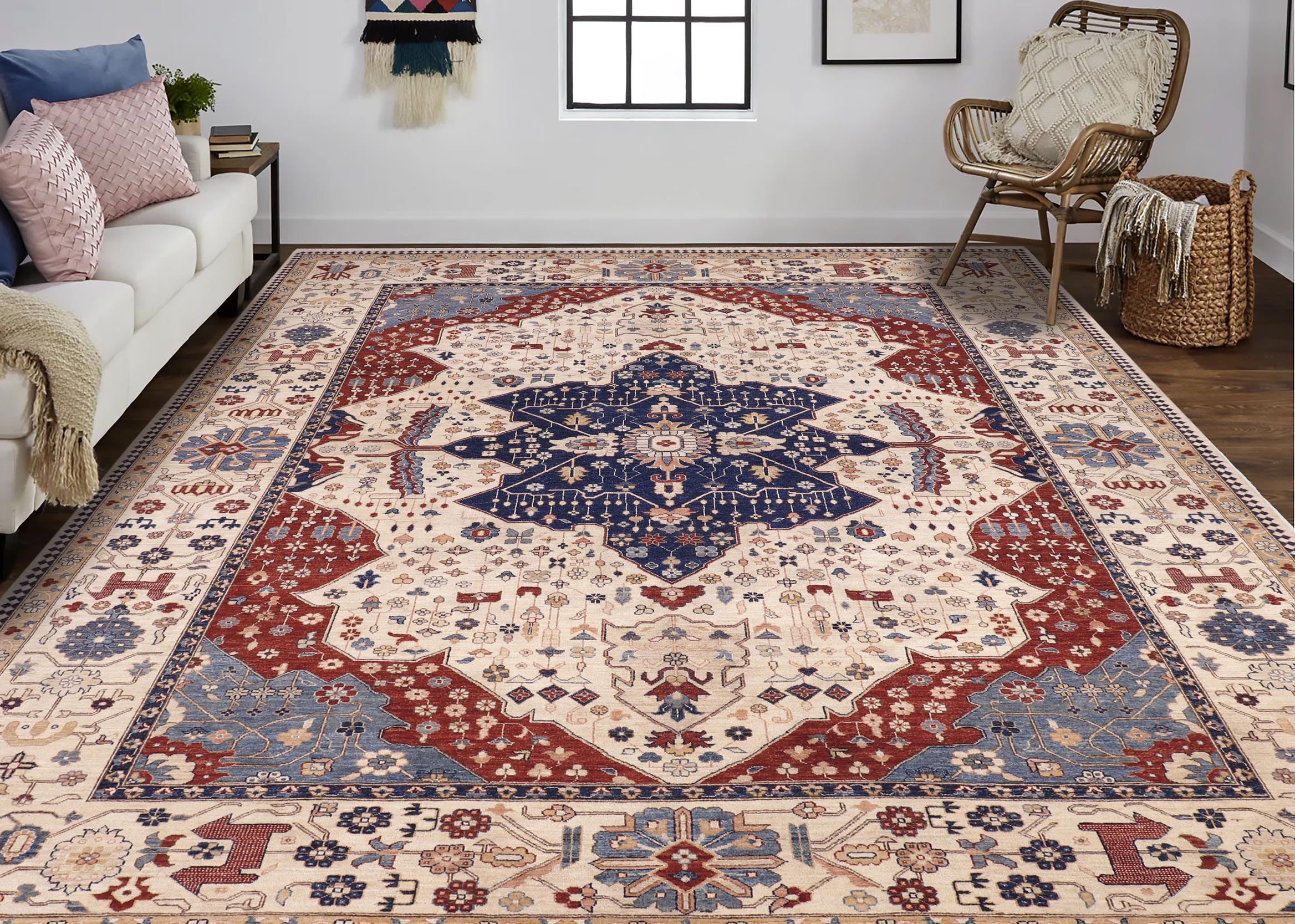 handmade Traditional Kafkaz Beige Blue Hand Knotted RECTANGLE 100% WOOL area rug 10' x 13'