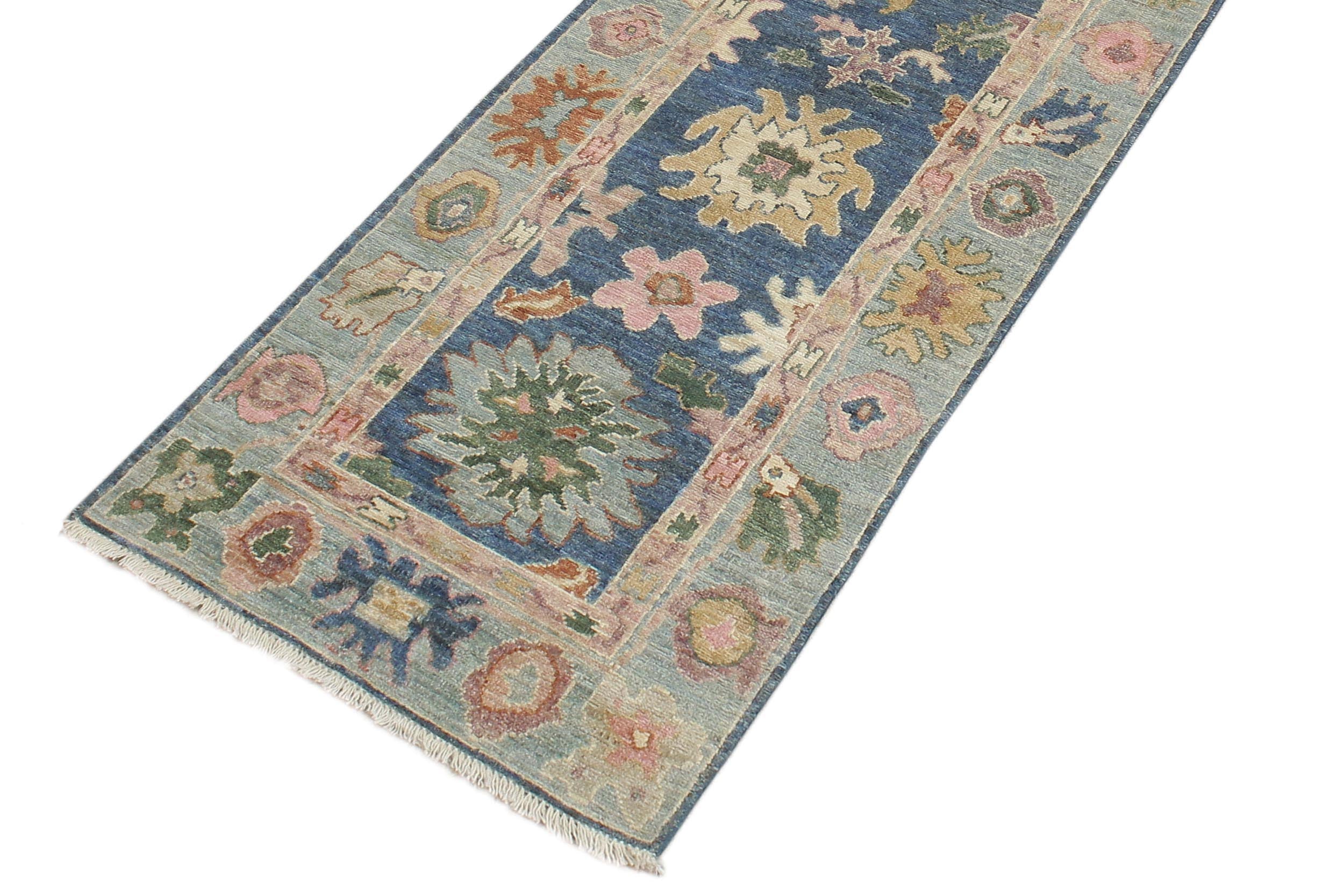 handmade Traditional Oushak Blue Beige Hand Knotted RUNNER 100% WOOL area rug 3' x 19'