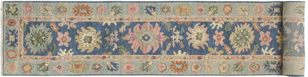 handmade Traditional Oushak Blue Beige Hand Knotted RUNNER 100% WOOL area rug 3' x 19'