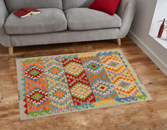 handmade Geometric Kilim Blue Red Hand-Woven RECTANGLE 100% WOOL area rug 3 x 5