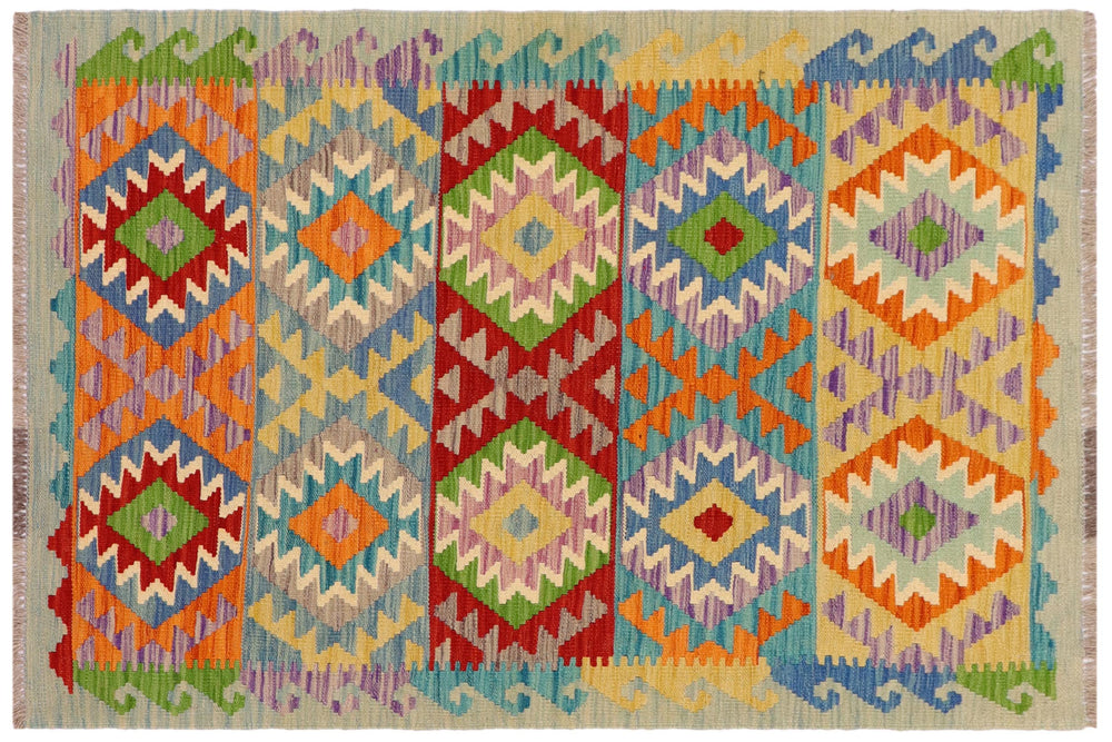 handmade Geometric Kilim Blue Red Hand-Woven RECTANGLE 100% WOOL area rug 3 x 5